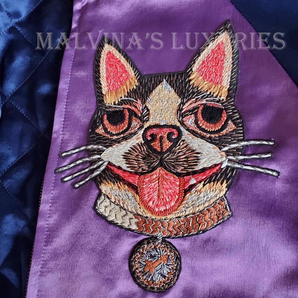 GUCCI JACKET BOMBER BOSCO ORSO PATCHES PURPLE SATIN w LOGO DETAIL - Picture 7 of 11